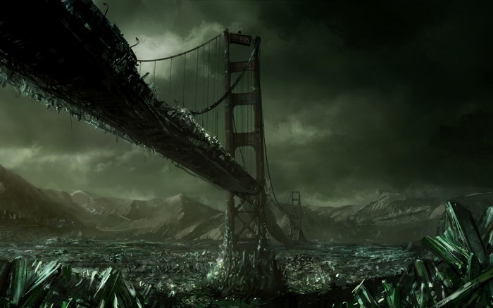 Post-apocalyptic Golden Gate Bridge with crystal formations