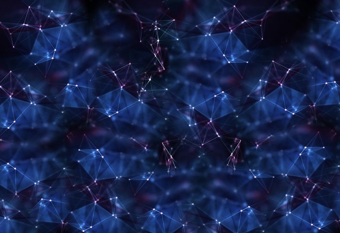 Blue abstract geometric network with glowing dots