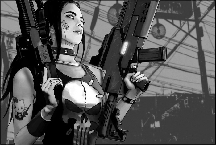 Woman with Punisher skull shirt and guns