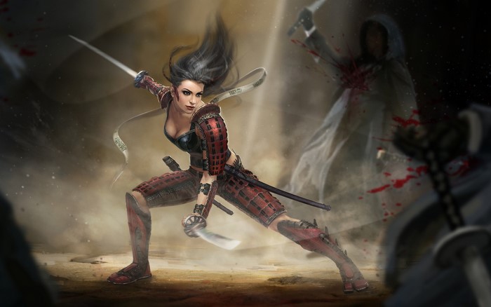 Samurai Woman Warrior Fighting with Swords