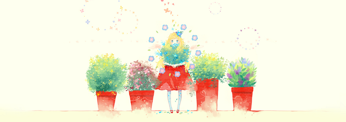 Girl with flowers in pots