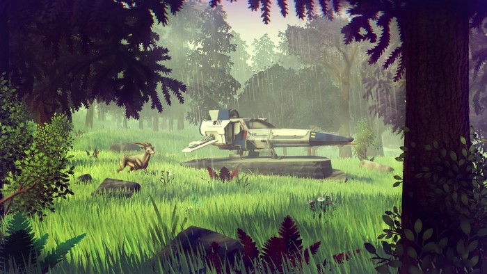 Spaceship on landing pad in No Man's Sky forest