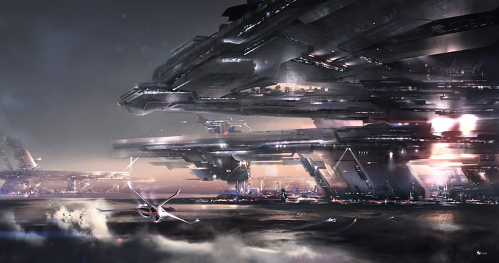 Massive futuristic city with spaceships