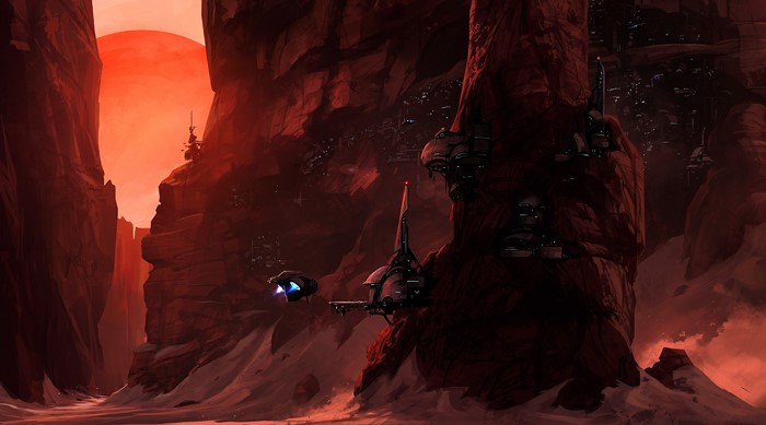 Star Citizen concept art of alien planet canyon settlement