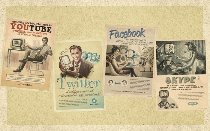 Retro advertisements for YouTube, Twitter, Facebook, and Skype