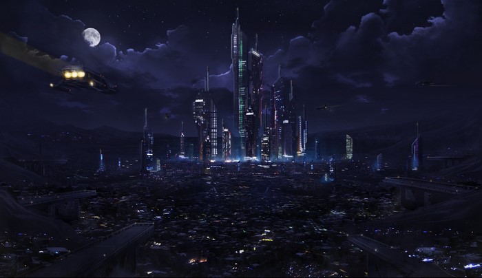 Sci-Fi Cityscape at Night with Flying Vehicles