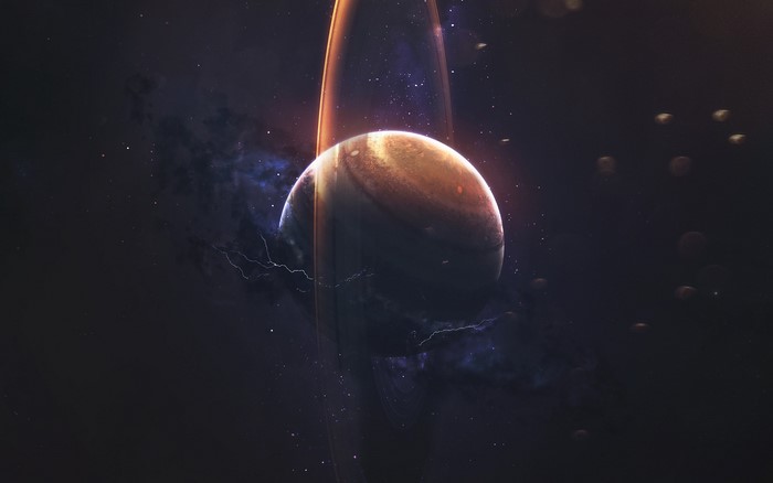 Planet with rings in outer space