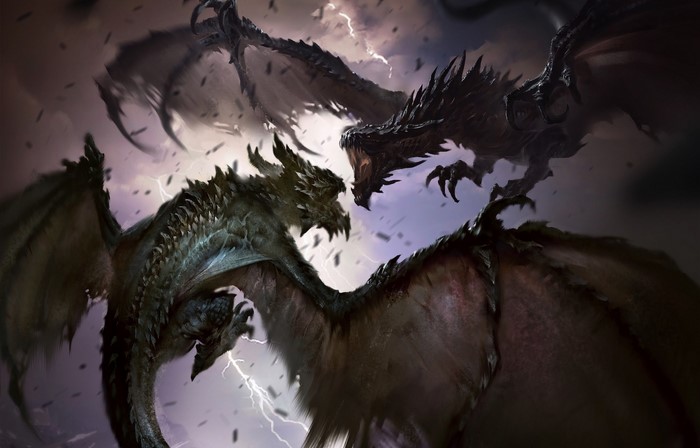 Two dragons fighting in a stormy sky