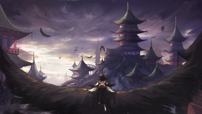 Aya Shameimaru flying over a Japanese village