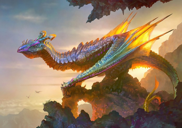 Dragon with rider perched on rocky outcrop