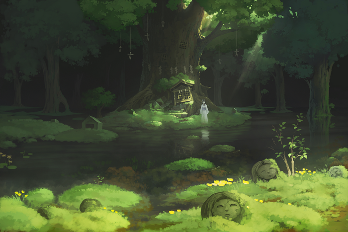 Mysterious Forest Shrine with Hanging Figures