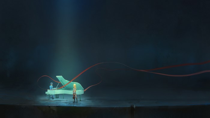 Kaori Miyazono and Kousei Arima with a piano