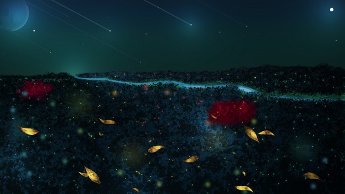 Night sky with planet and shooting stars over a forest