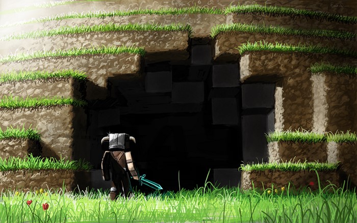 Minecraft warrior with sword at cave entrance