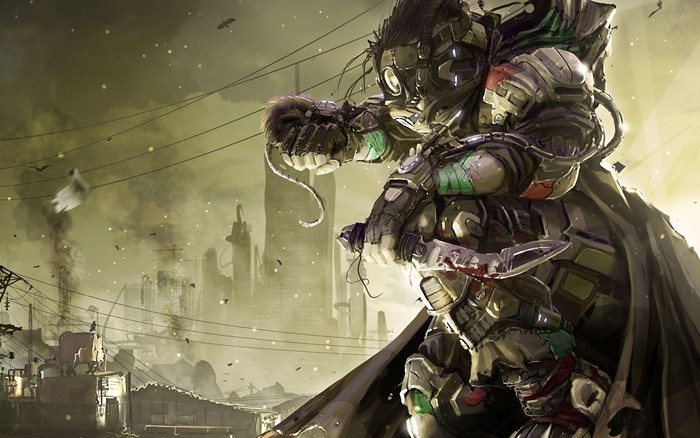 Post-apocalyptic warrior with gas mask and knife