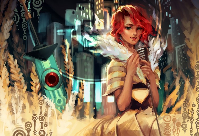 Red-haired woman with microphone and sword from Transistor
