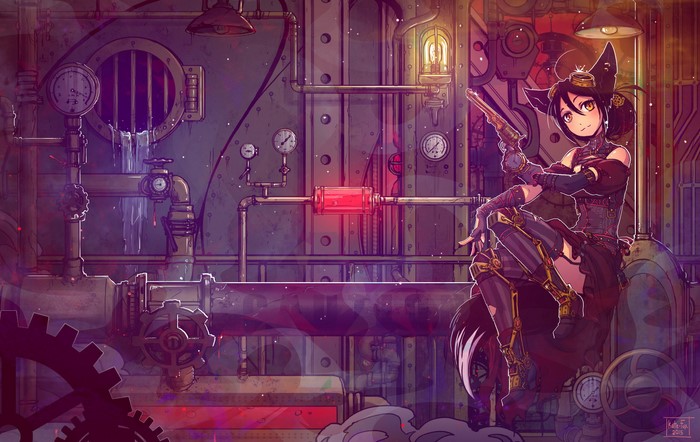 Steampunk anime girl with guns in factory