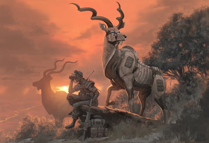 Sci-fi soldier with robotic kudu at sunset
