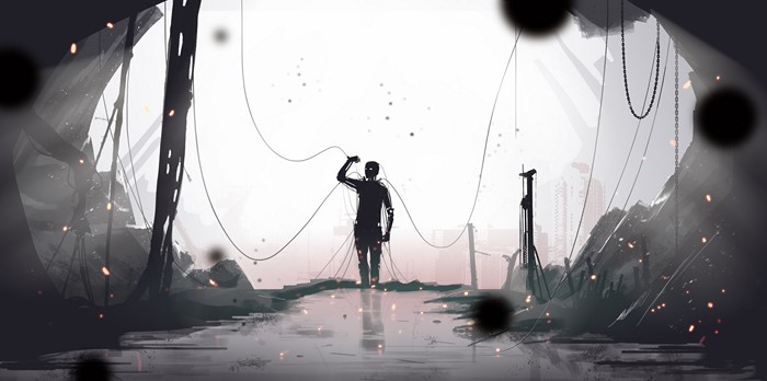 Robot in a desolate, futuristic landscape
