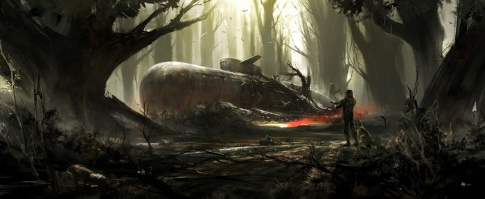 Soldier and dog near a wrecked submarine in a forest