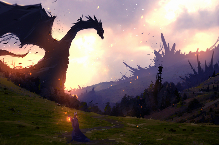 Fantasy Dragon and Rider at Sunset