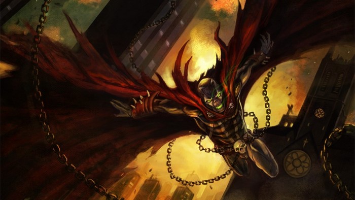 Spawn flying over a city