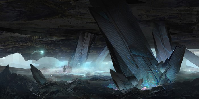 Crystalline cave with a lone woman