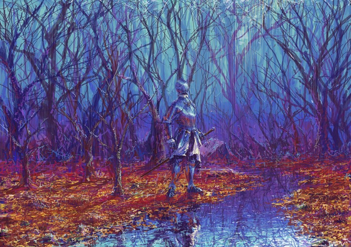 Knight in Armor in a Rainy Forest