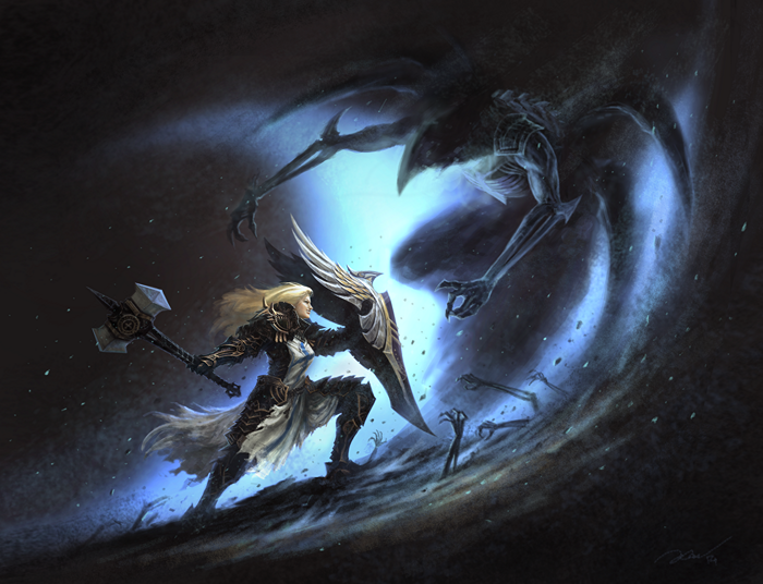 Crusader from Diablo III fighting a shadowy monster