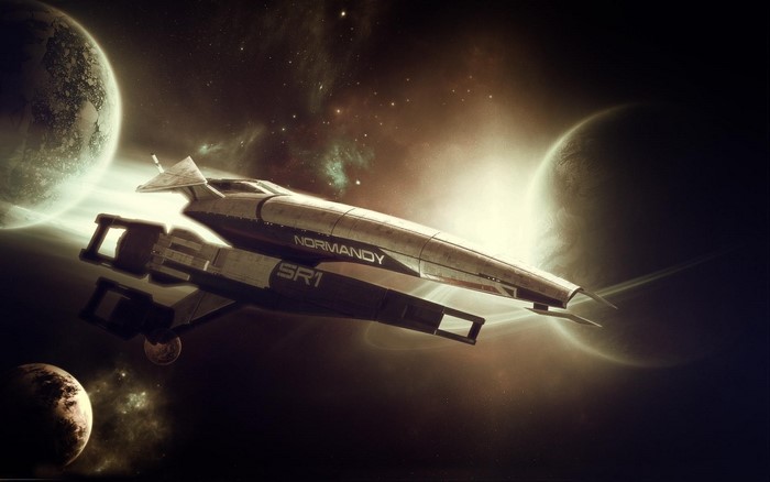 Normandy SR-1 spaceship in space with planets