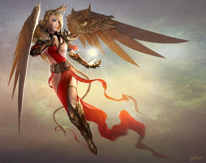 Fantasy Angel with Golden Wings and Red Dress