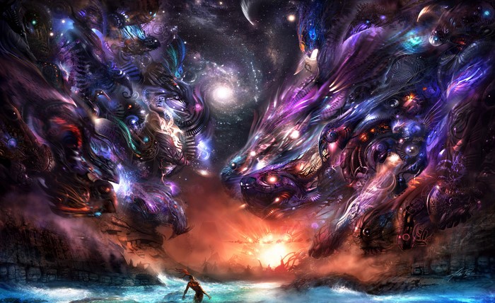 Fantasy Cosmic Battle with a Figure in the Water