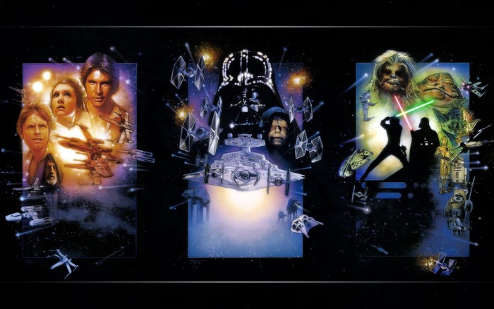 Star Wars characters and ships in space