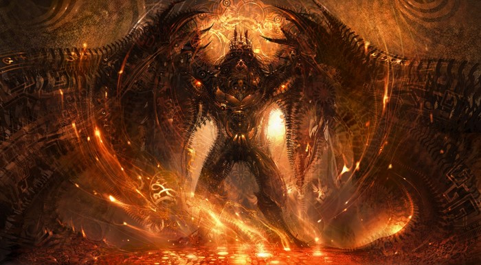 Mechanical Angel or Demon with Wings and Flames