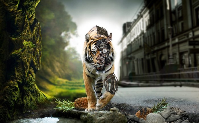 Cyborg Tiger in Urban and Natural Landscape