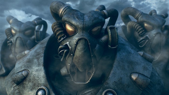 Fallout Power Armor Soldiers in Foggy Sky