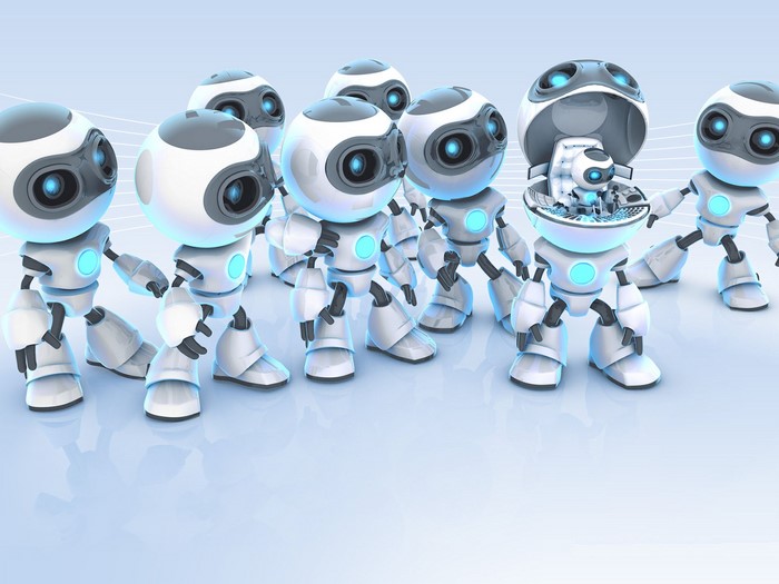 Group of futuristic robots with one in a central pod