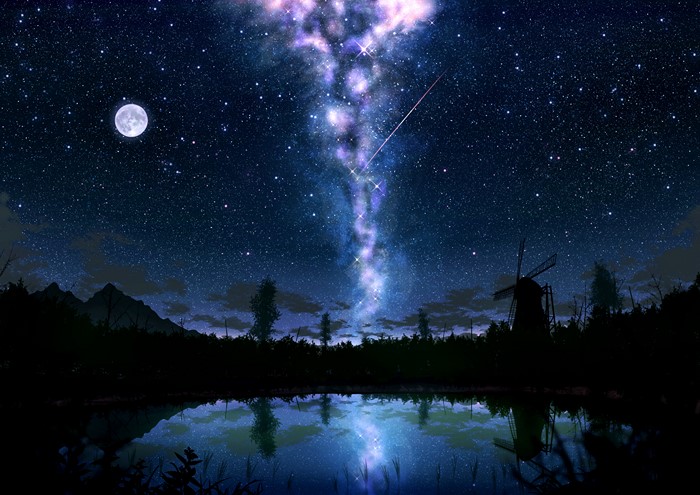 Night sky with Milky Way, moon, and windmill