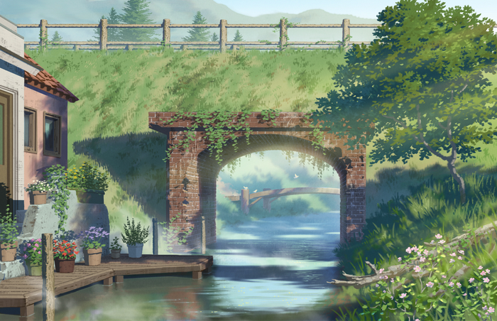 Anime scene with a canal, brick archway, and trees