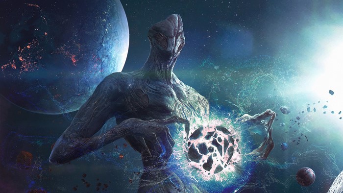 Alien creature holding a glowing orb in space