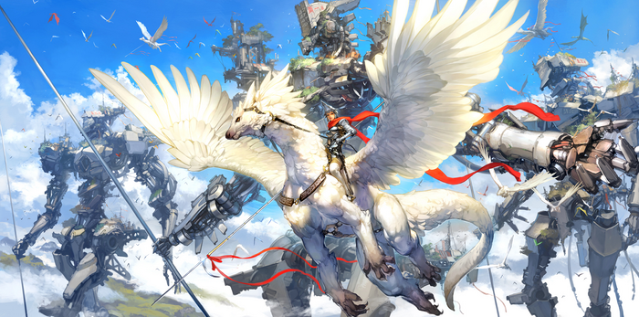 Woman warrior riding a winged creature with giant robots