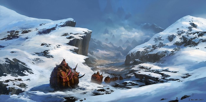 Mammoth caravan in a snowy mountain pass