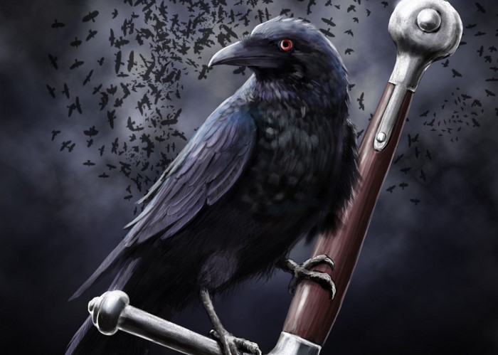 Raven perched on a sword hilt with flock of birds