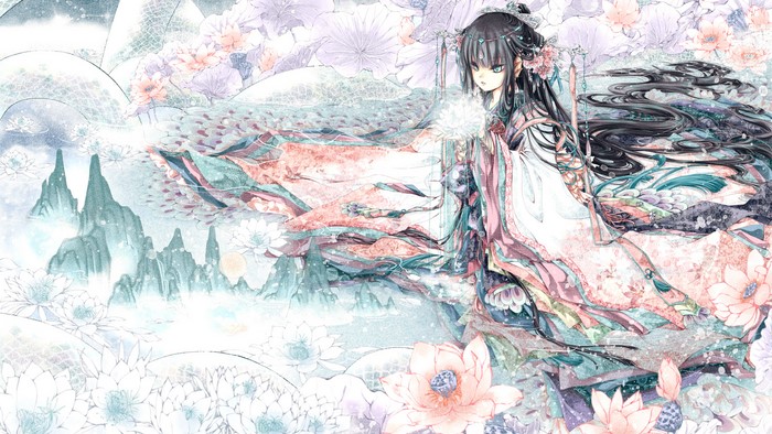 Girl in Kimono with Flowers and Mountains