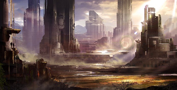 Futuristic Cityscape with Mountains and Hazy Sky
