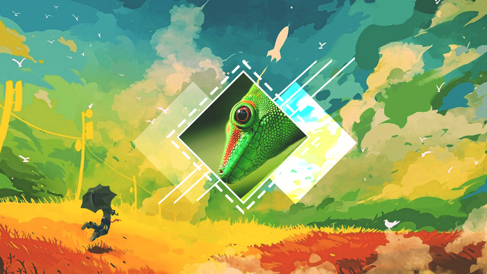 Abstract Green Gecko with Rocket and Person