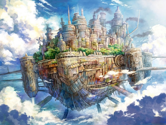 Steampunk floating city in the clouds