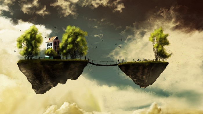 Floating islands with a house and bridge