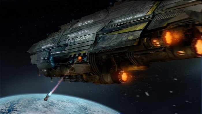Spaceship Endurance firing on a smaller craft over Earth