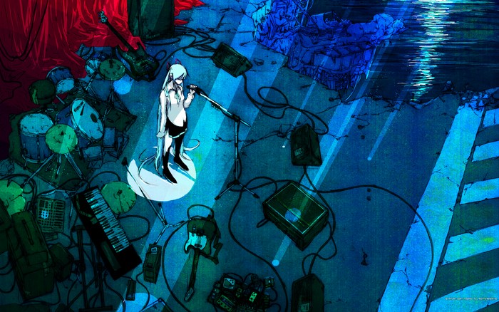 Hatsune Miku singing on stage with musical instruments